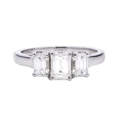 Trilogy Ring- 3 STONES EMERALD RING 1.65ct Emerald Cut in 18k White Gold