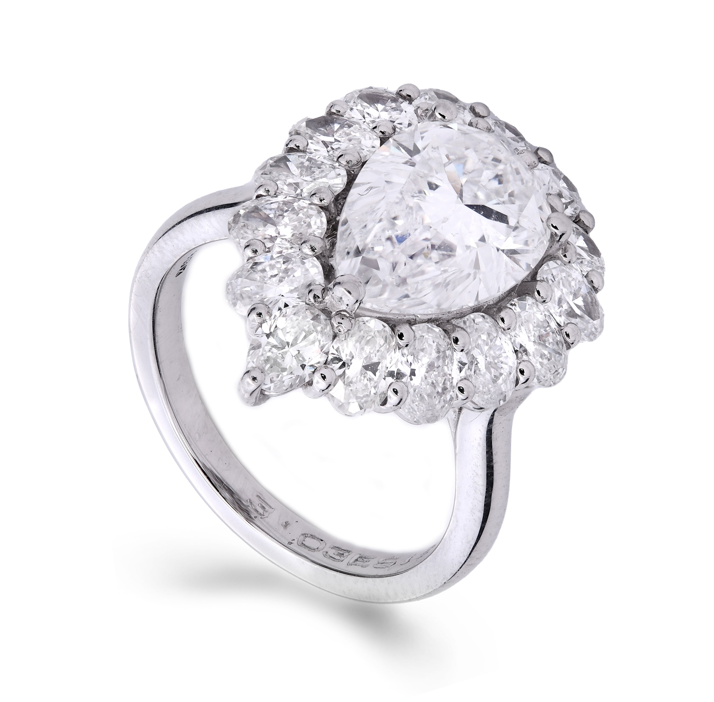 Cluster Unique Ring Pear Shape 3.03 ct with Oval Diamonds 2.18 ct on the Sides in Platinum 950 GIA Certified