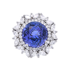 Cluster Unique Ring with Blue Tanzanite 15.96 ct Round Shape and Round and Marquise Diamonds