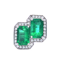 Emerald Cut Emerald with Diamond Halo Earring - 18k white gold