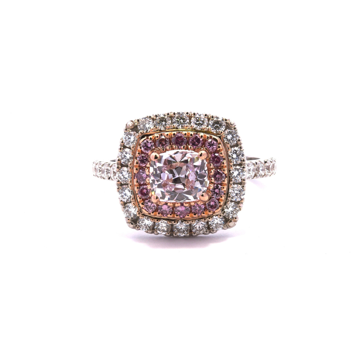 Fancy Halo Ring Round and Cushion Shape Pink and Natural Diamonds 1.78 ct GIA Certified