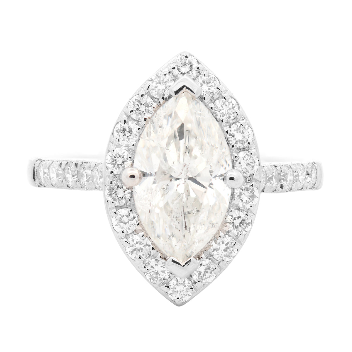 Halo Unique Ring Marquise Shape 1.51 ct with Diamonds on the Sides 0.50 in Platinum 950 WGI Certified