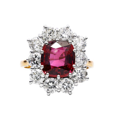 Cluster Unique Ring Cushion Shape Pinkish Ruby 2.75 ct with Round Diamonds 2.29 ct on the Sides in Platinum 950