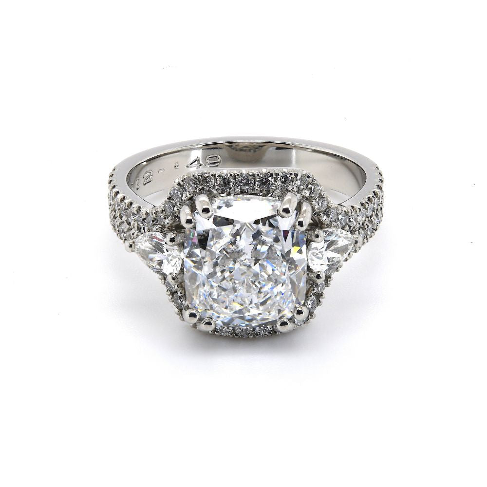 Halo Unique Ring Cushion Shape 3.36 ct with Pear Diamonds 0.49 ct on the Sides in Platinum 950 GIA Certified