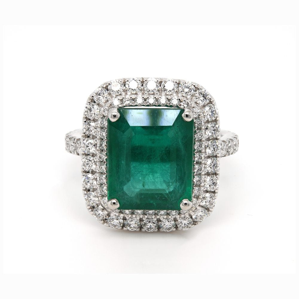 Halo Unique Ring with Origin Zambian Emerald 6.07 cts and Diamonds 1.04cts in Platinum 950