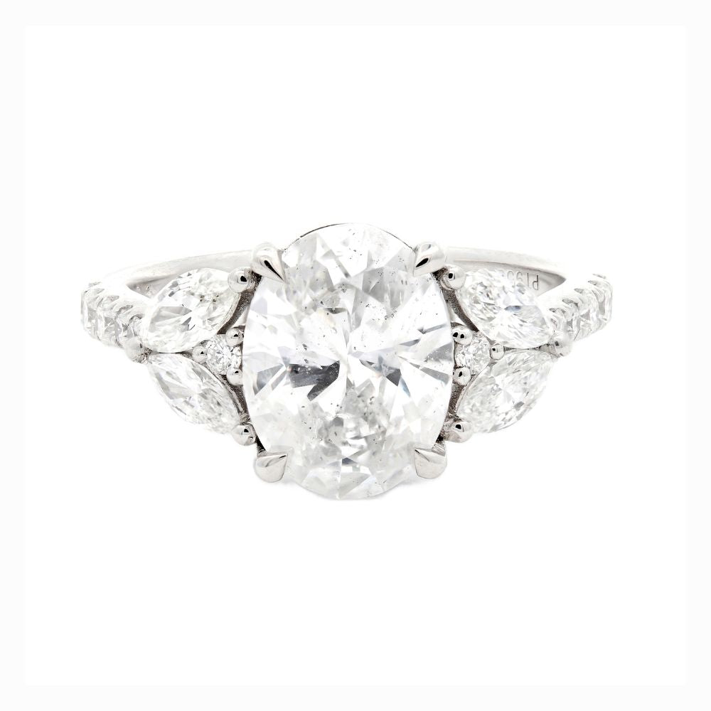 Cluster Unique Ring Oval Shape 2.00 ct with Marquise Diamonds 0.71 ct on the Sides in Platinum 950 WGI Certified
