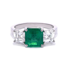 3 Stone Unique Ring Asscher Cut Blue Green Emerald 1.91 ct with Asscher Cut Diamonds 1.46 ct in Total in Platinum 950 GIA Certified