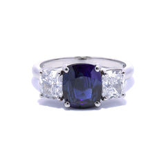 3 Stone Unique Ring Cushion Cut Blue Sapphire 1.91 ct with Cushion Diamonds 1.40 ct in Platinum 950 GIA Certified