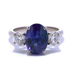 3 Stone Unique Ring Oval Cut Blue Sapphire 2.55 ct with Round Diamonds 0.96 ct in Total in Platinum 950