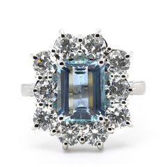 Cluster Unique Ring Emerald Shape Aquamarine 2.06 ct with Round Diamonds 1.98 ct on the Sides in Platinum 950