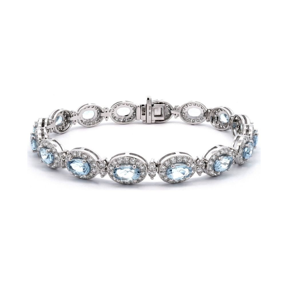 Cluster Unique Bracelet With Round Brilliant Diamonds 3.32cts and Oval Shape Aquamarine Stones 6.85 cts in 18k White Gold