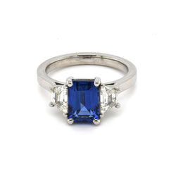 3 Stone Unique Ring Emerald Cut Blue Sapphire 2.21 ct with Trapezoid Diamonds Shape 0.66 in Total in Platinum 950