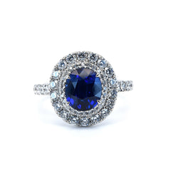 Halo Unique Ring Oval Cut with Blue Sapphire in Platinum