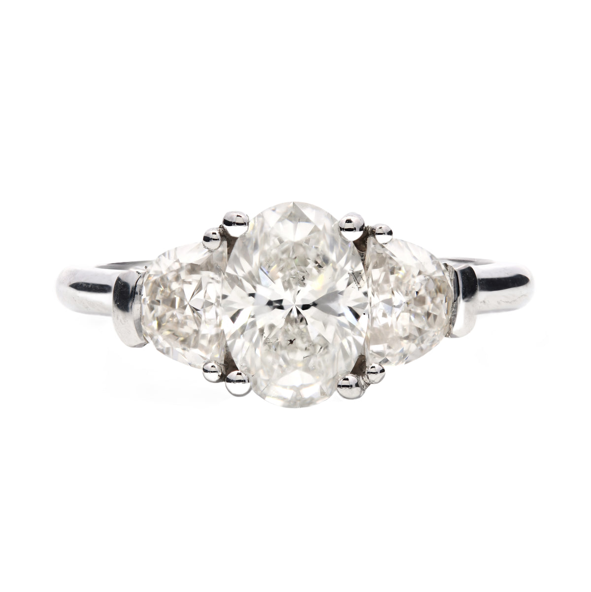 Trilogy Ring - 3 Stones Oval 1.00 ct and Half Moon Diamonds 0.64 ct Ring in Platinum 950 GIA Certified